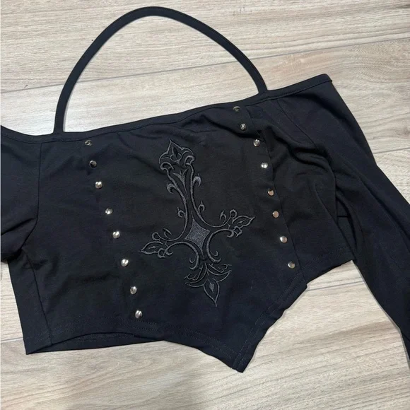 OOAK Katakomb bell sleeve mediaeval cross crop top - Picture 2 of 4